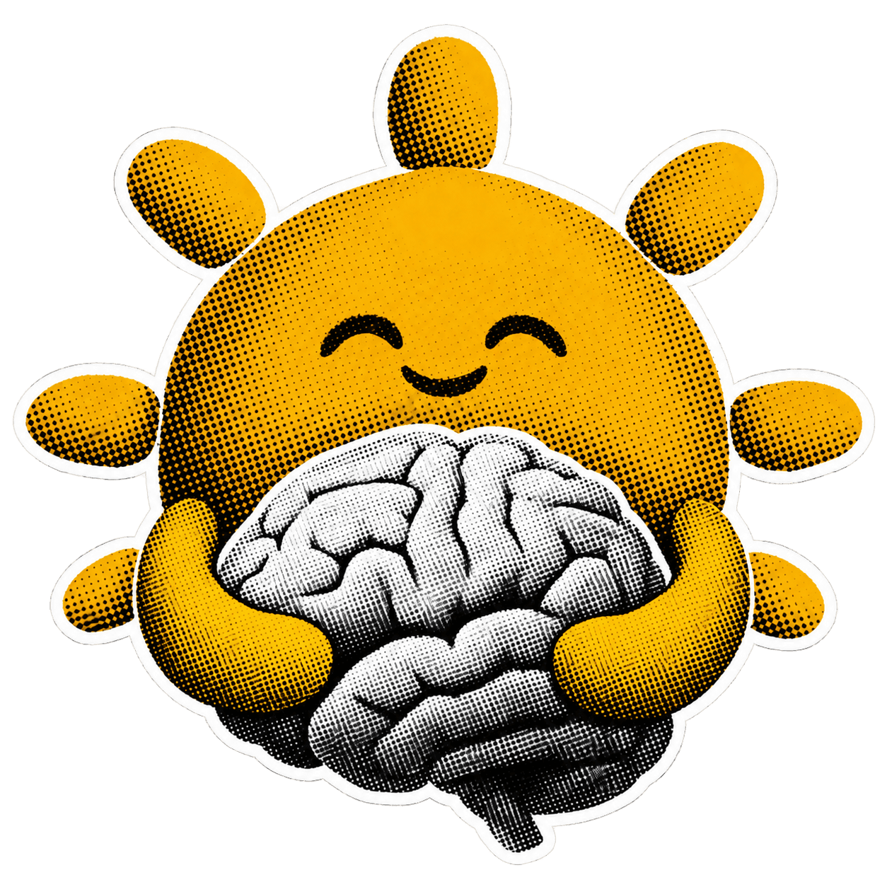 A smiling yellow sun giving a brain a hug.